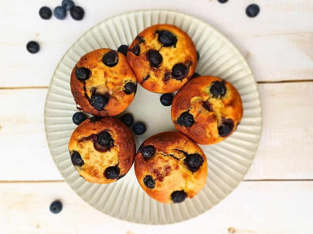 Almond flour blueberry muffins on a plate from top view