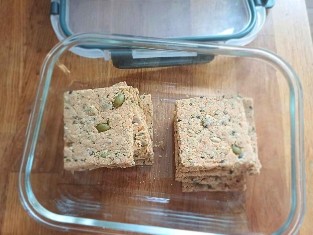 Sroring almond flour crackers in an air tight container