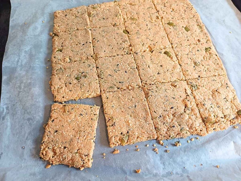 A square of almond flour crackers scored