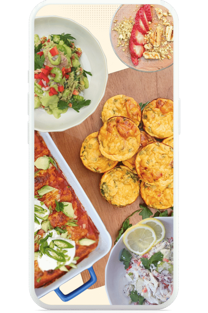 Collage of healthy foods like egg bites, low-carb casserole, high-protein chicken salad
