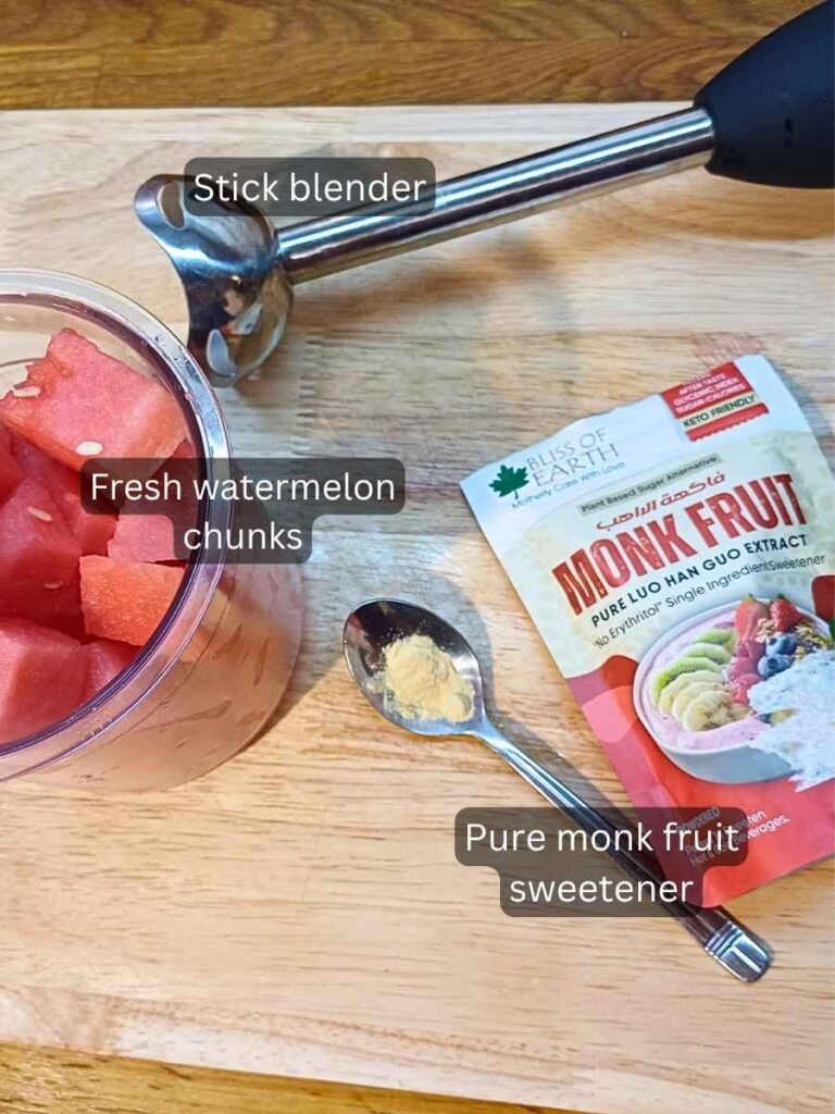 Watermelon cubes and monk fruit sweetener in a packet