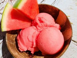 Watermelon sorbet in a coconut shell