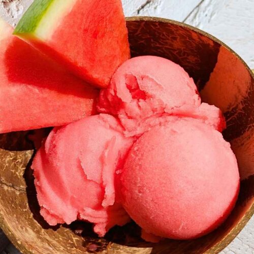 Watermelon sorbet in a coconut shell