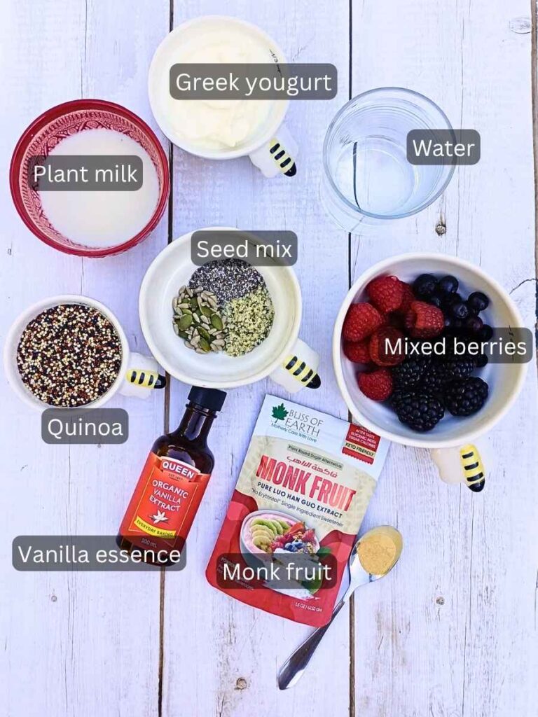 Ingredients for sweet quinoa porridge breakfast bowl