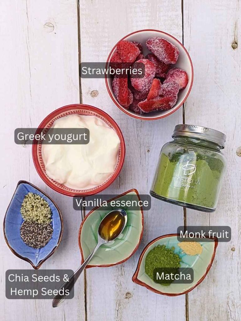 ingredients for matcha strawberry smoothie bowl