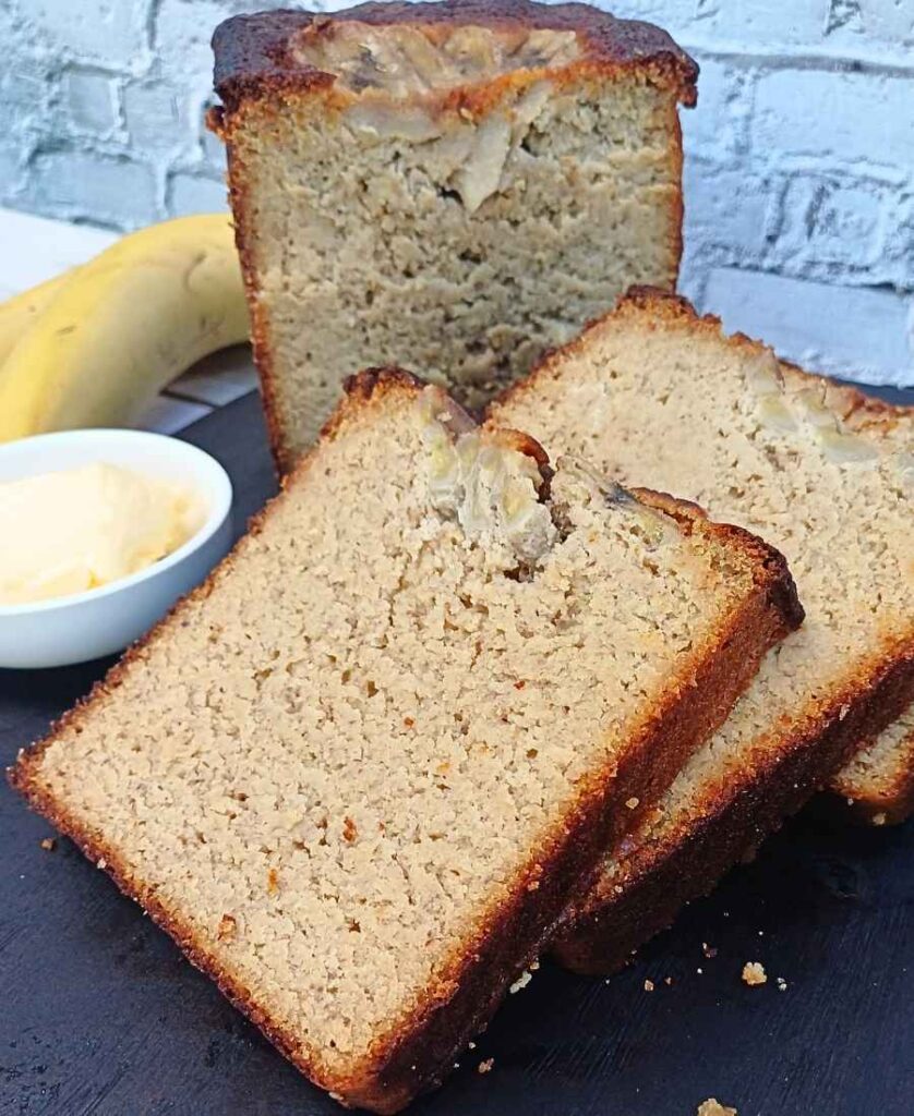 Slices of almond flour banana bread on the board