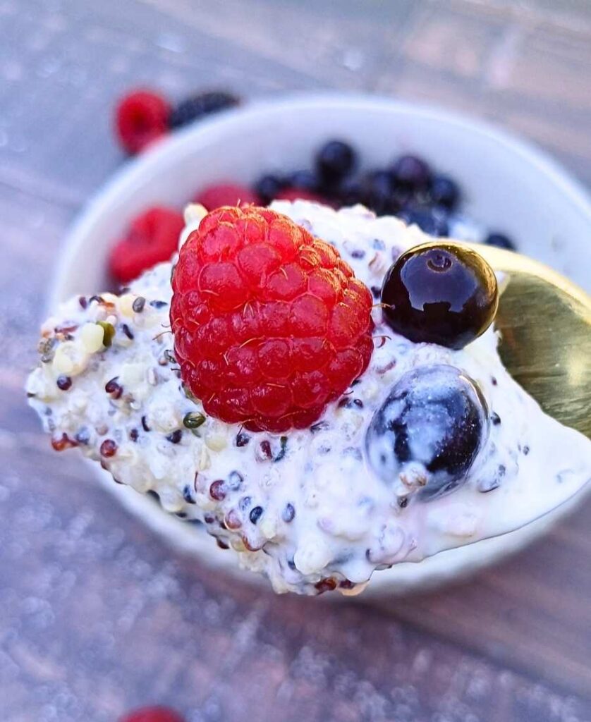 Spoonful of quinoa breakfast porridge with berries