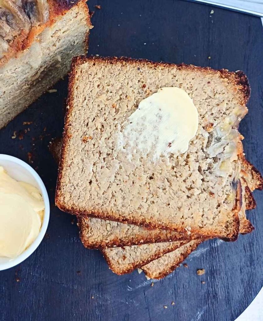 Almond flour banana bread slices with butter