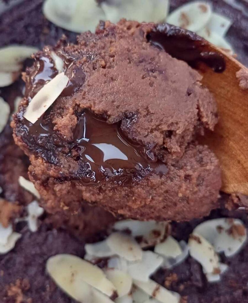 Close up of a melted chcolate inside cottage cheese mug cake