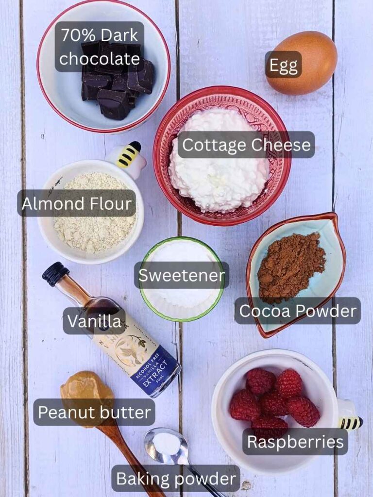 Ingredients for chocolate cottage cheese mug cake