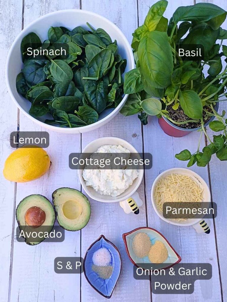 Ingredients for pesto inspired cottage cheese pasta sauce