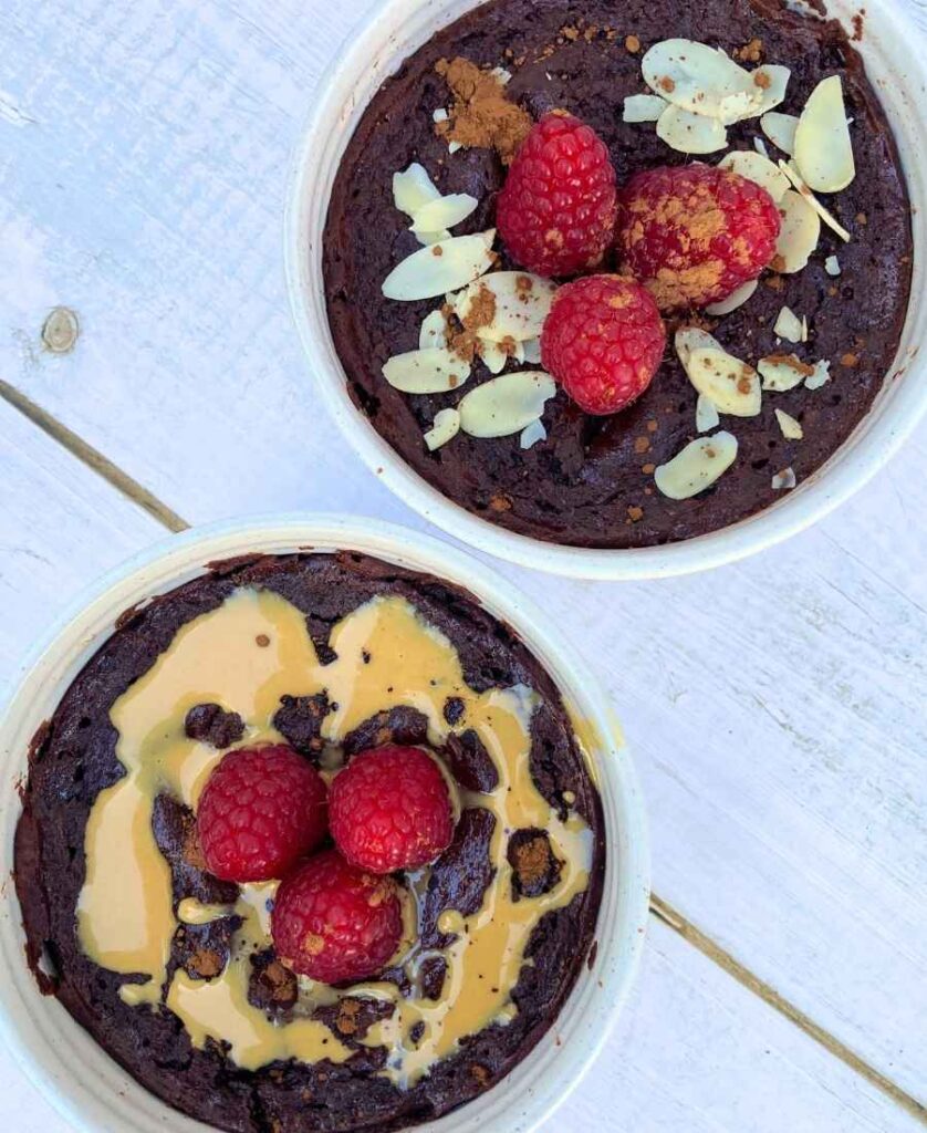Cottage cheese chocolate mug cake with toppings