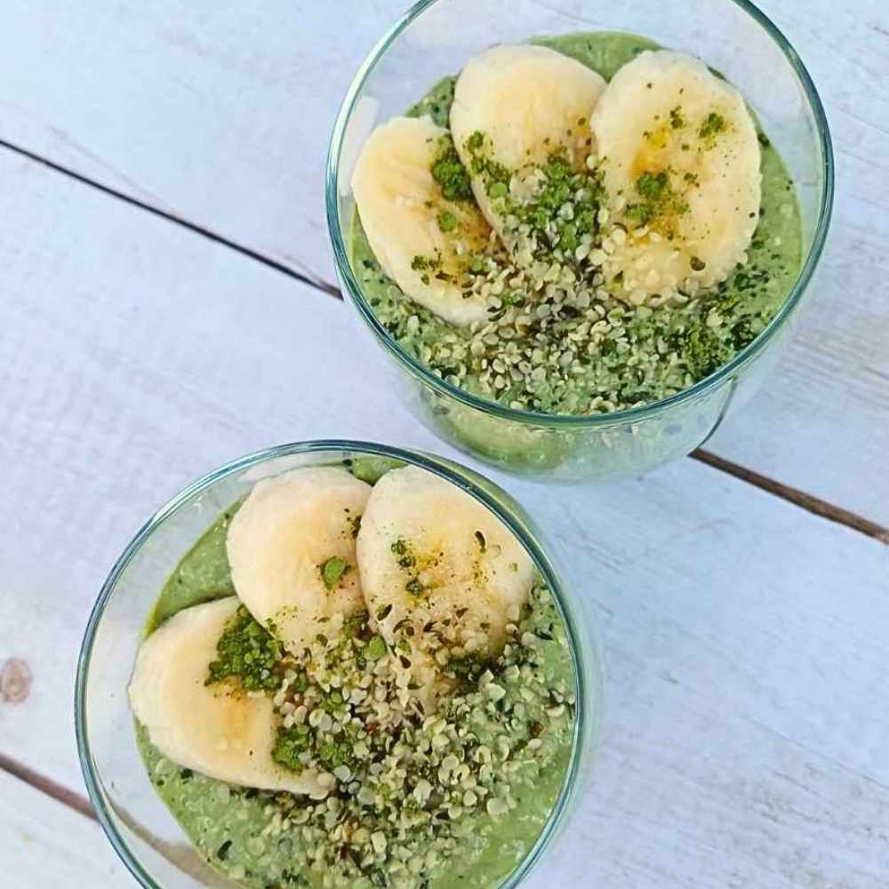 matcha chia pudding with banana and cottage cheese
