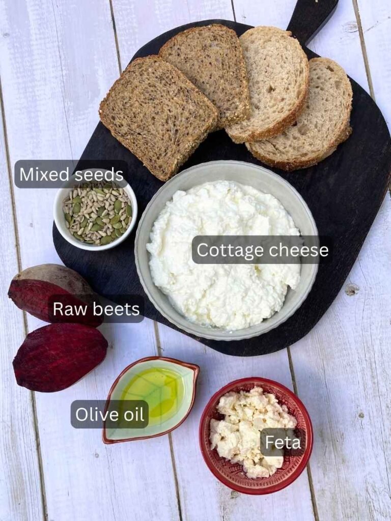 Ingredients for beet on cottage cheese toast