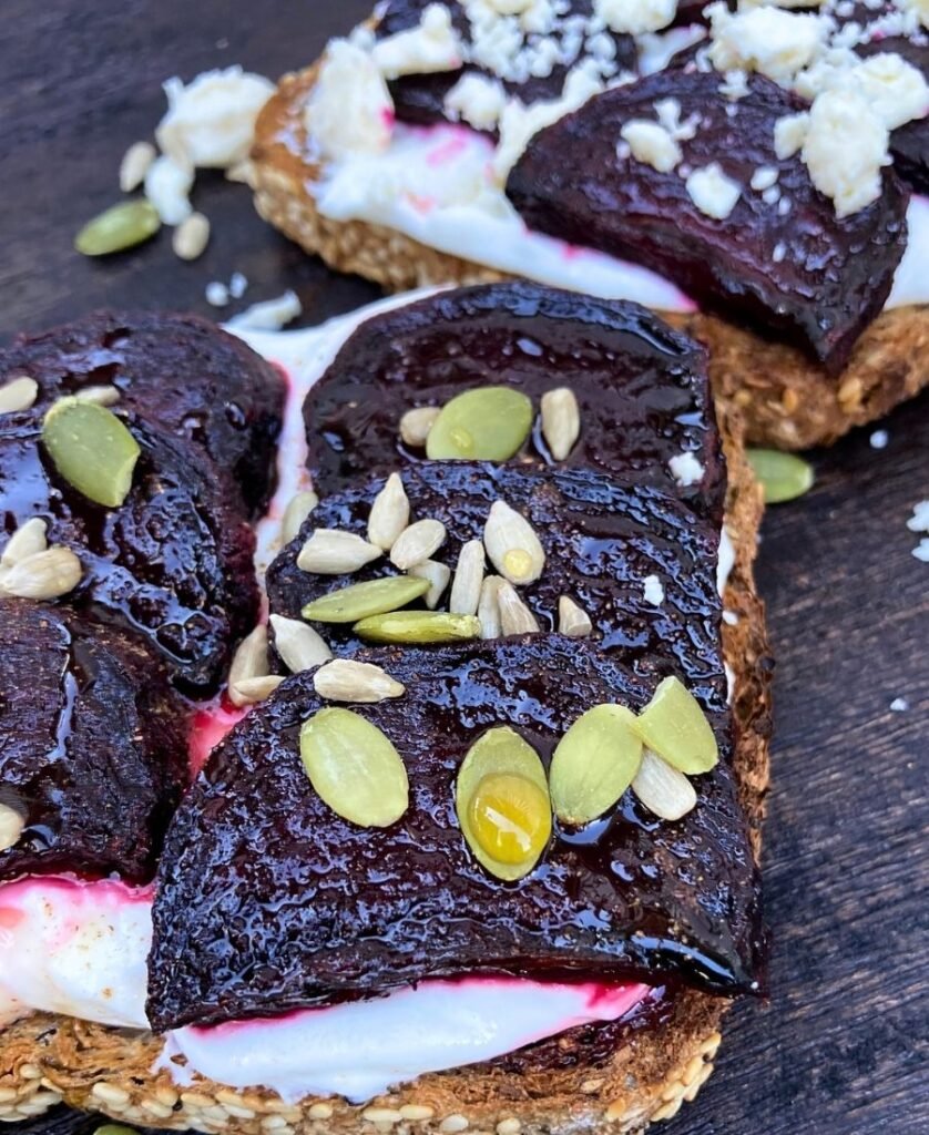 beets on cottage cheese toast