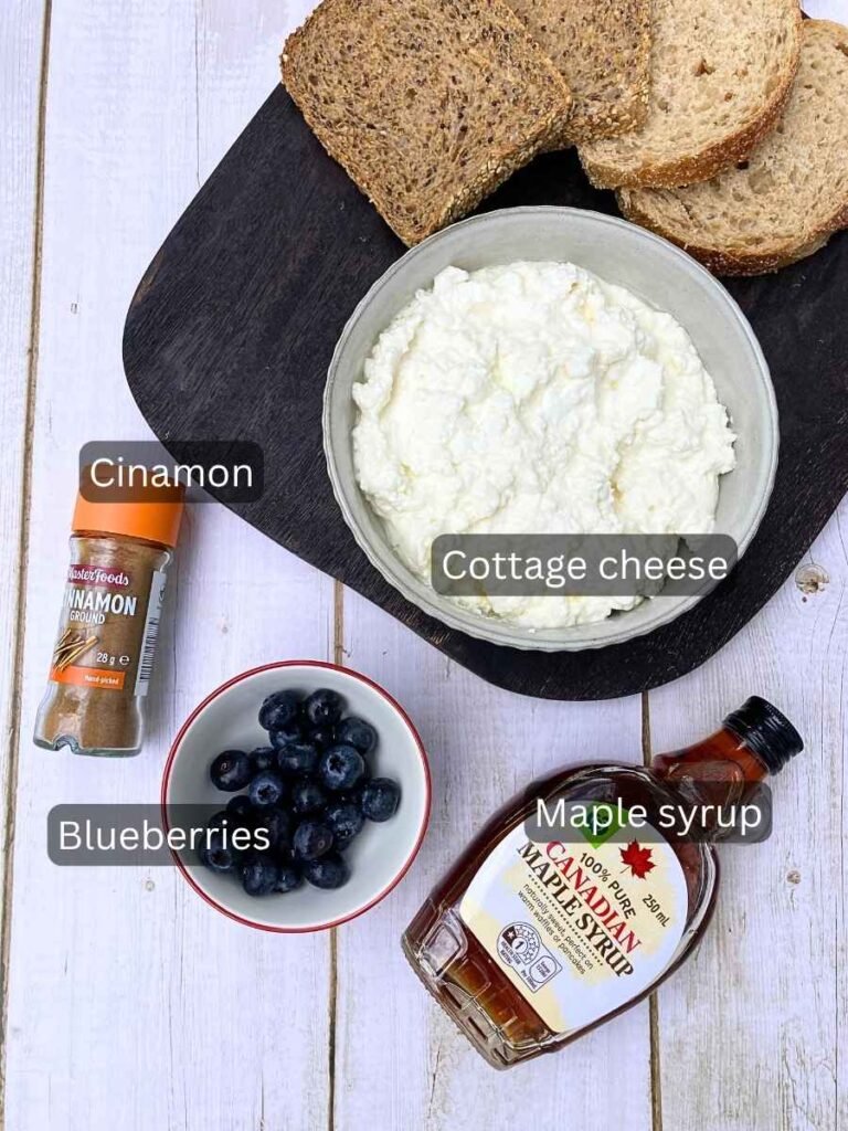 Ingredients for cottage cheese toast with blueberries