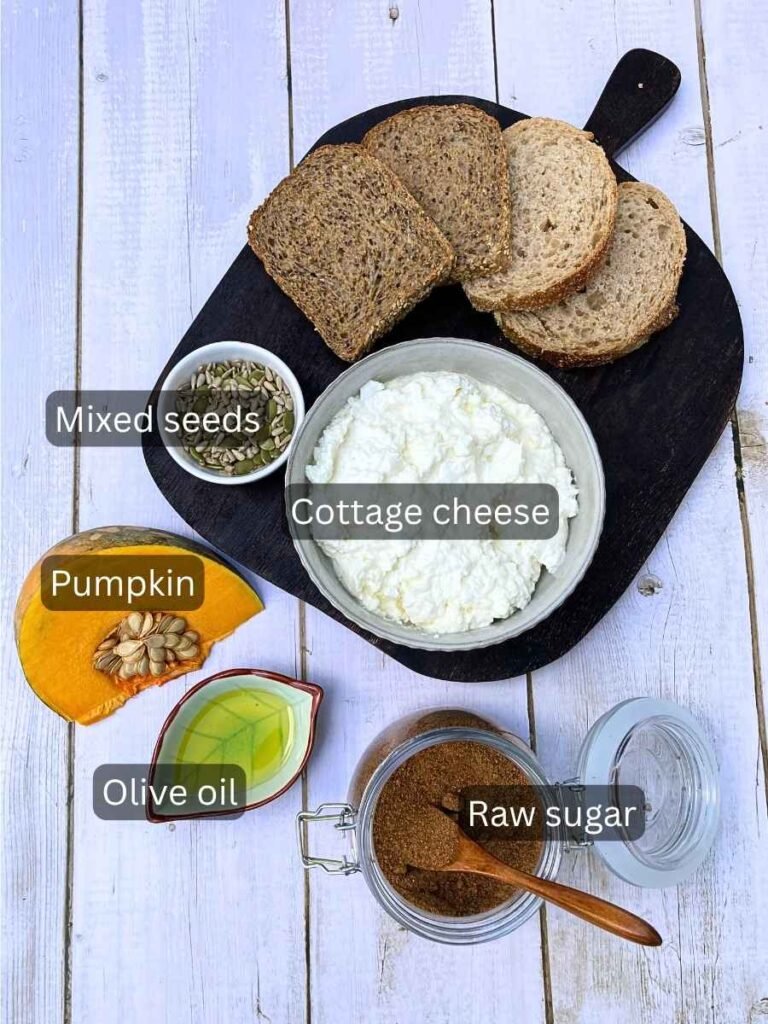 Ingredients for pumpkin cottage cheese toast