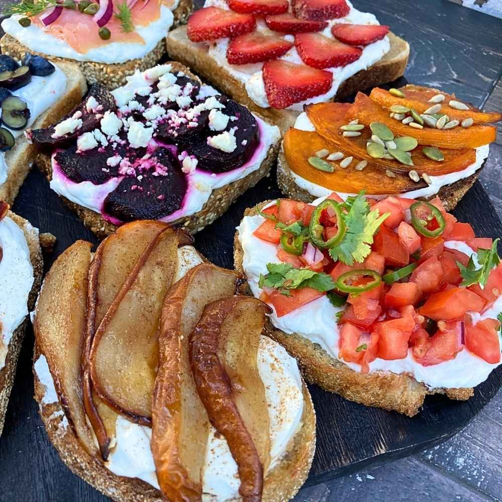Cottage cheese toast with various toppings