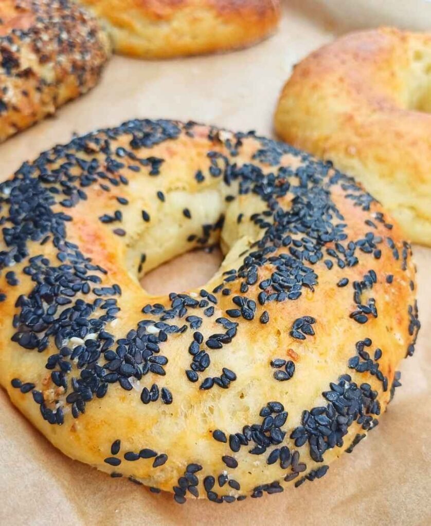 cottage cheese bagel with black sesame seeds