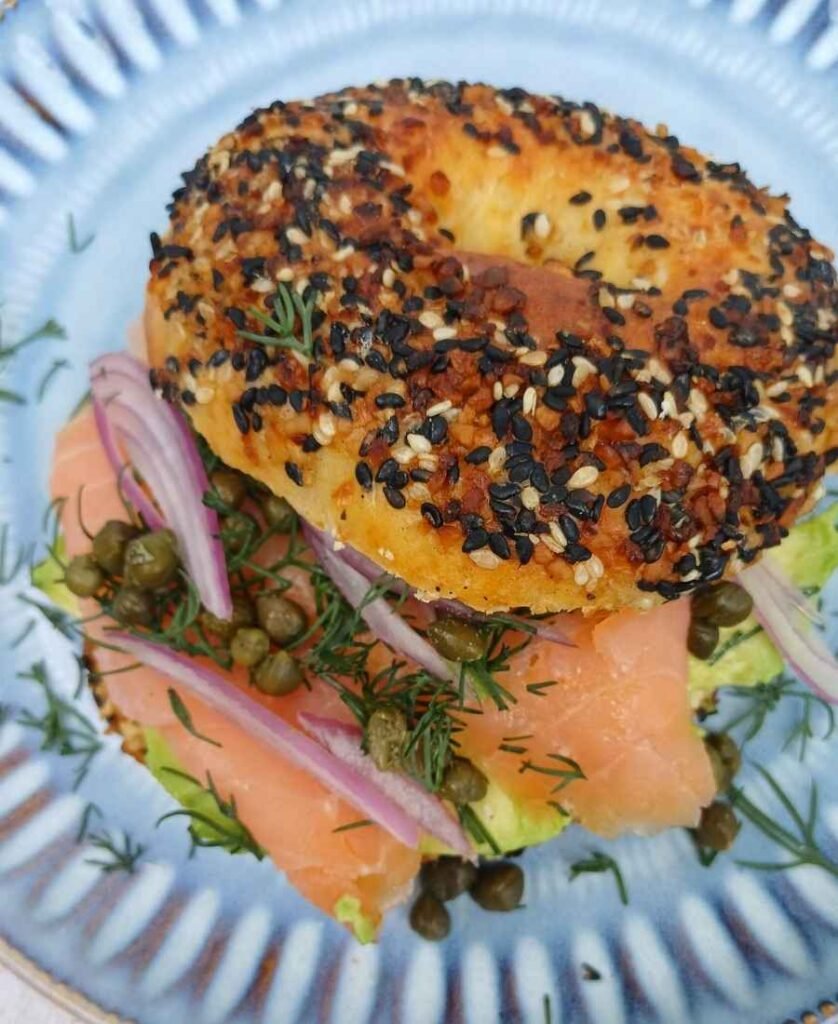 Cottage cheese bagel with smoked salmon inside